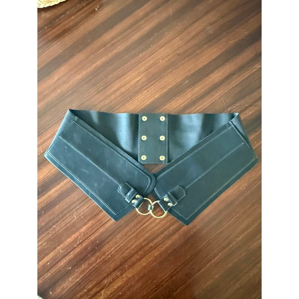Eloquii Black Wide Faux Leather and Elastic Belt Gold Tone Metal Detail Sz 18/20